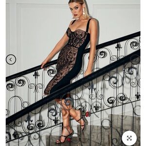 Mew Mews Finbar Size M Black Lace-Panel Bodycon Dress with Sculpting Side Panels